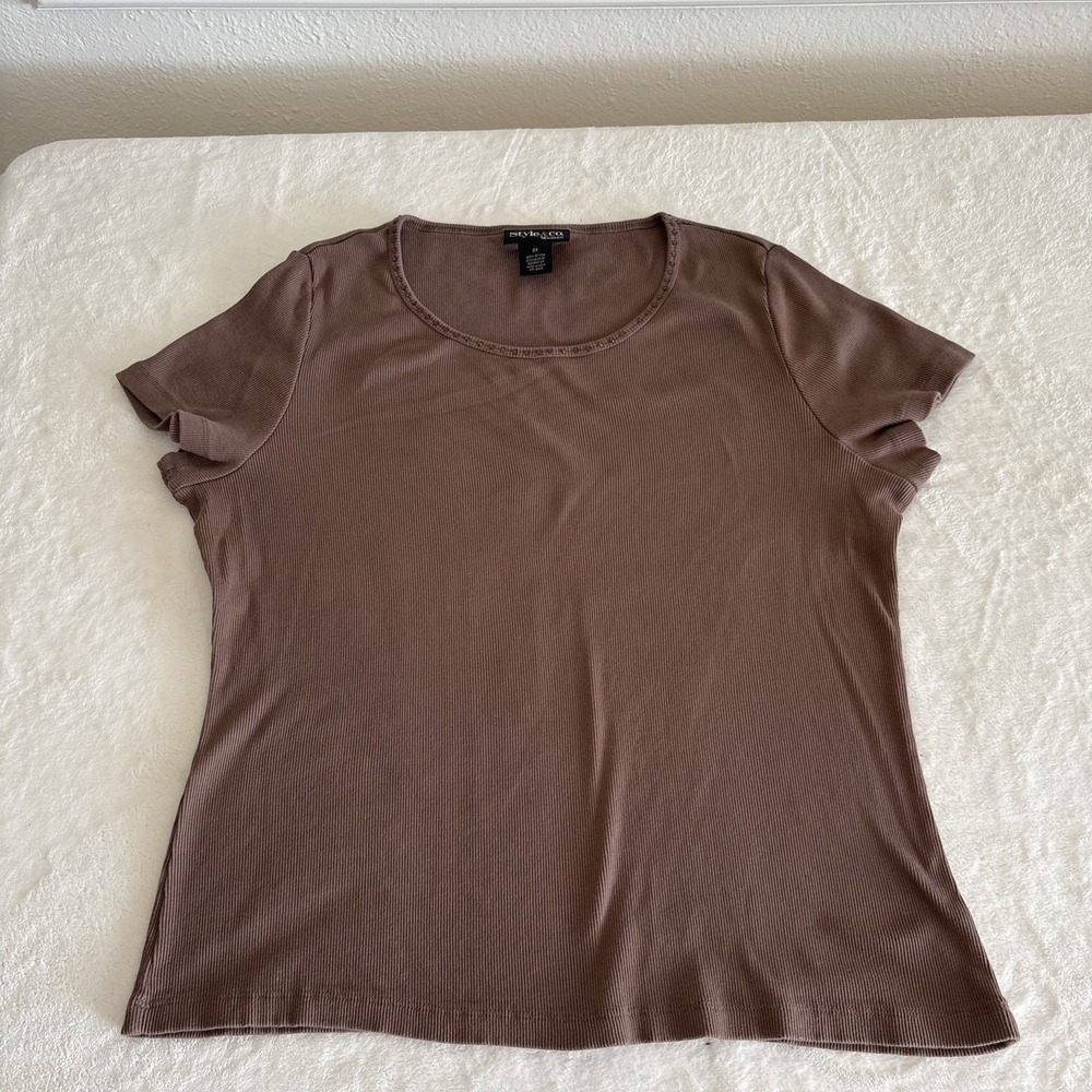 Style‎ & Co Women's 2X Brown Ribbed Short Sleeve Top Rhinestone Neckline